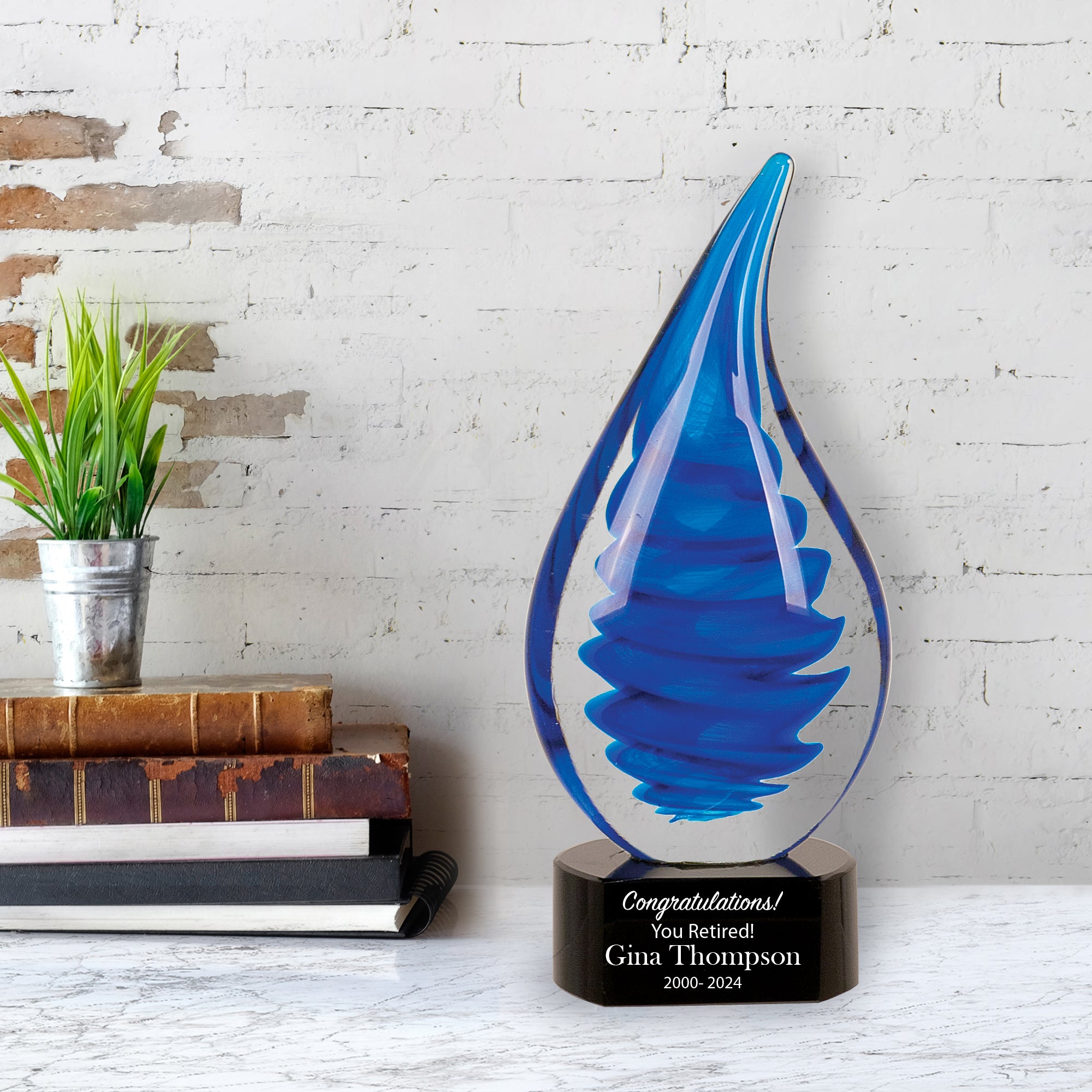 10 1/4" Blue Twist Raindrop Art Glass Award