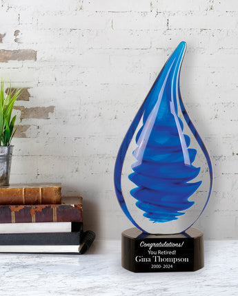 10 1/4" Blue Twist Raindrop Art Glass Award