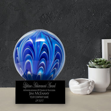 5" Blue & White Sphere Art Glass Award