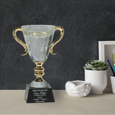 8" Crystal Trophy Cup with Gold Handles and Stem