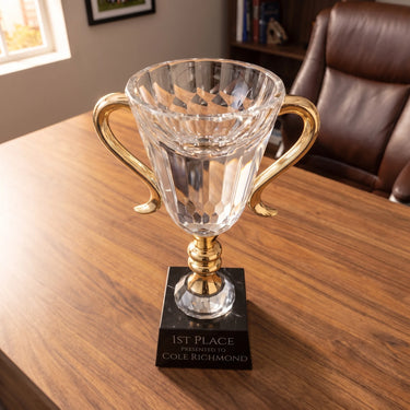 7" Crystal Trophy Cup with Gold Handles and Stem