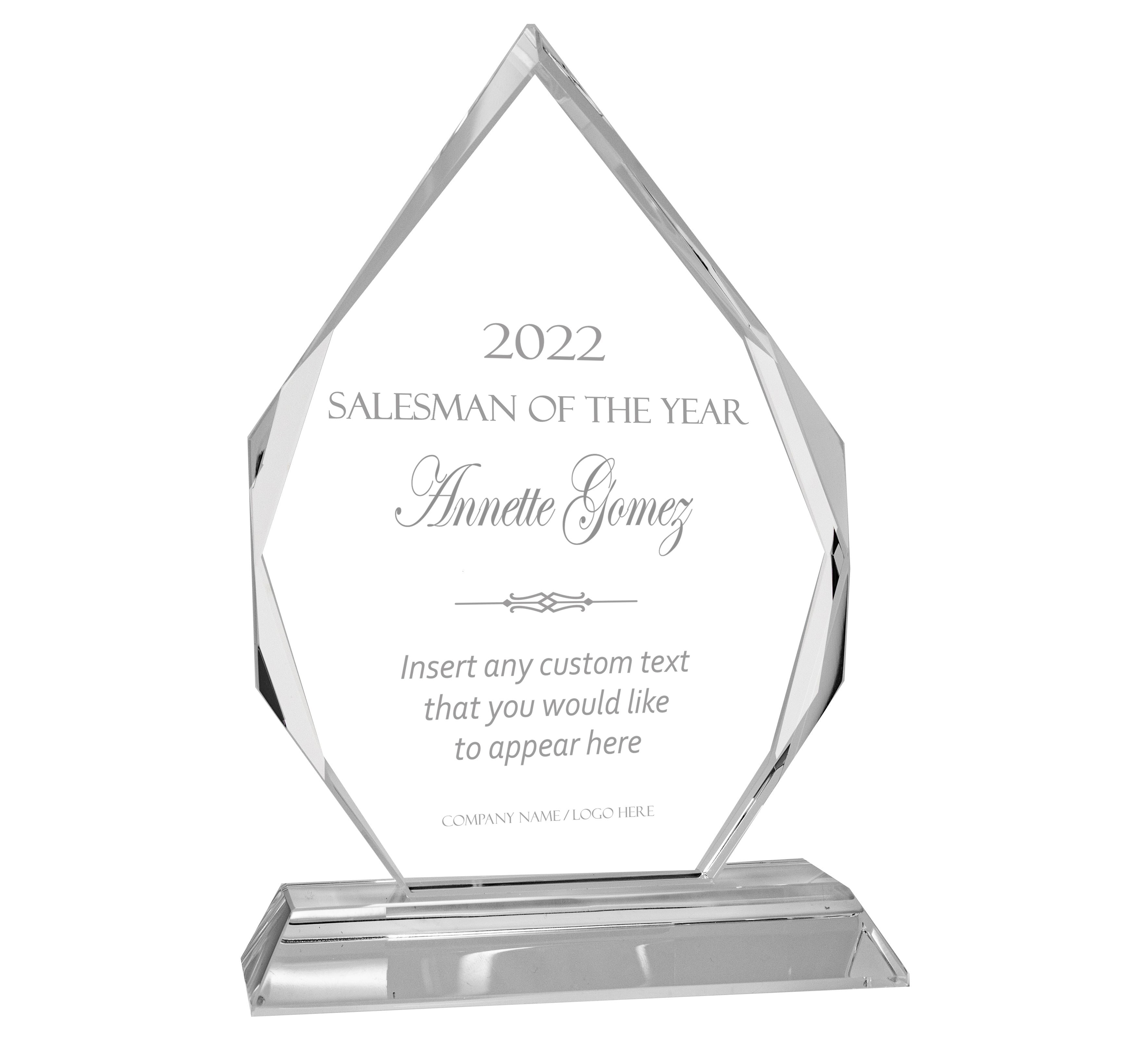 7" Crystal Diamond on Clear Pedestal Base Award