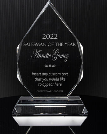 The 7" Diamond Crystal on Clear Pedestal Base Award is shown with a 'Salesman of the Year' engraving.