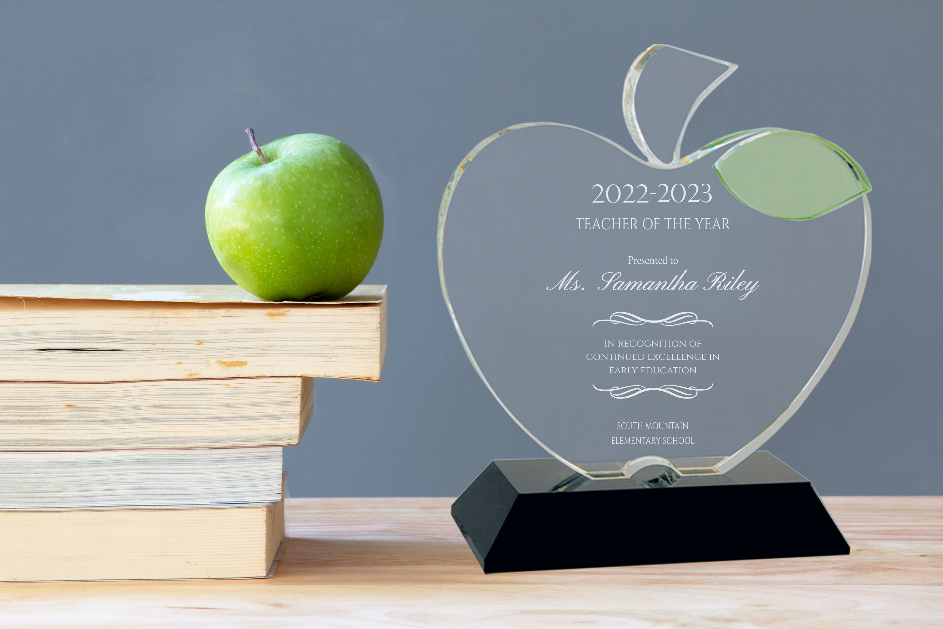 6 1/4" Crystal Apple Plaque on Black Base Award