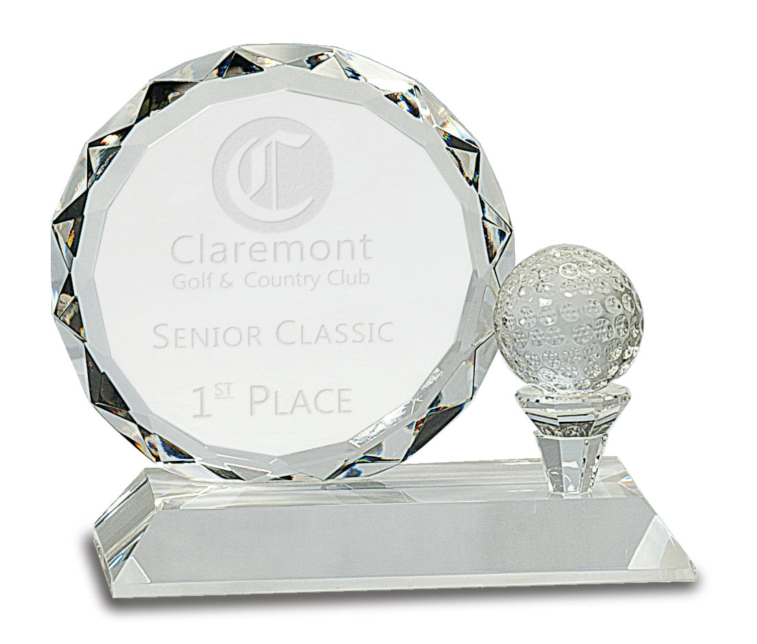 5" Round Facet Crystal with Golf Ball on Tee Award