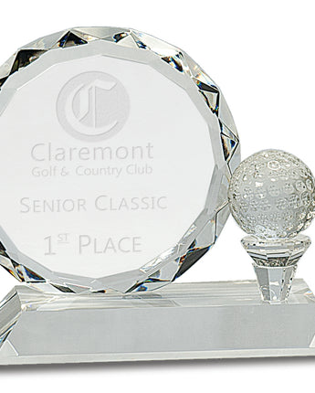 5" Round Facet Crystal with Golf Ball on Tee Award